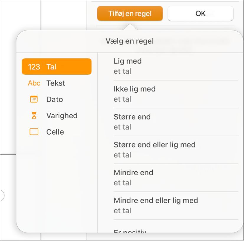 Knapper til oprettelse af regler til betinget markering af celler.
