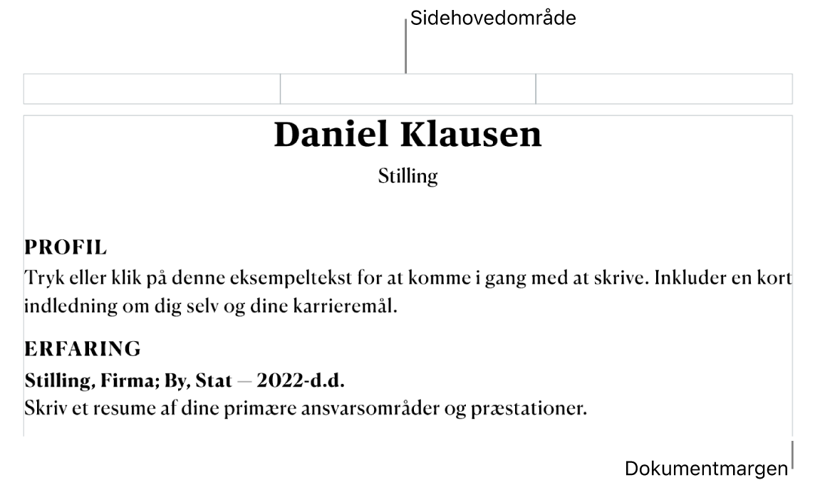Layoutoversigten med området til sidehoved og dokumentmargener.