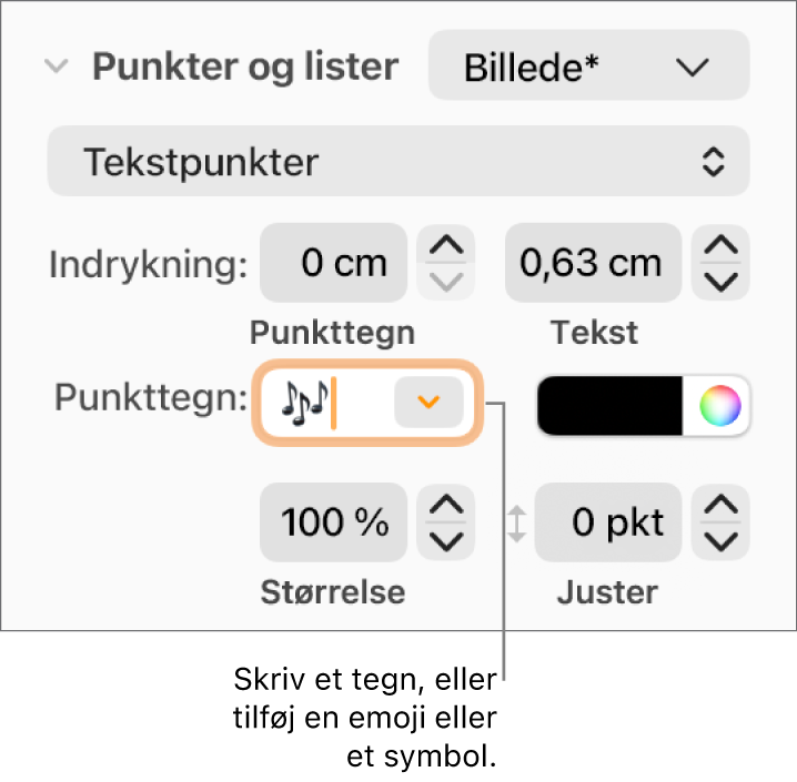 Sektionen Punkter & lister i indholdsoversigten Format. I feltet Punkttegn vises emoji-symbolet Blomst.