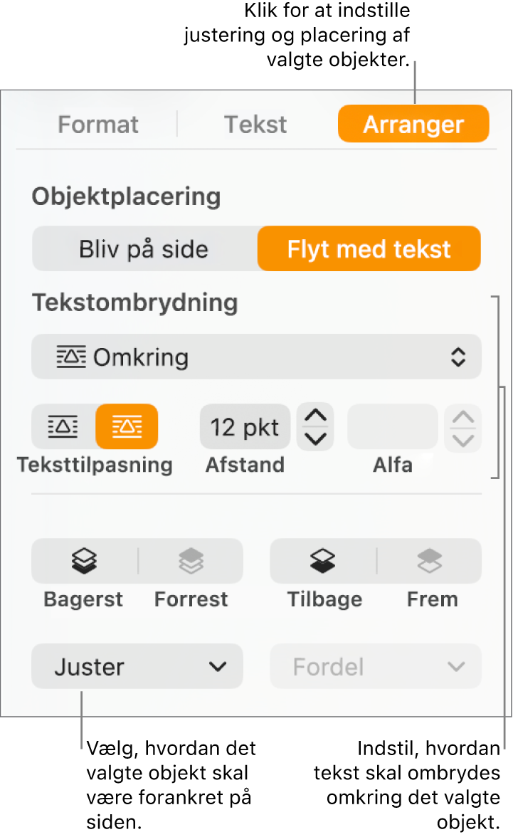 Formatmenuen med indholdsoversigten Arranger. Indstillingerne til Objektplacering er i toppen af indholdsoversigten Arranger, og indstillingerne til Tekstombygning er nedenunder.