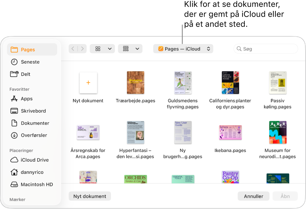 Dialogen Åbn med indholdsoversigten åben til venstre og iCloud Drive valgt på lokalmenuen øverst. Mappen Pages vises i dialogen med knappen Nyt dokument.