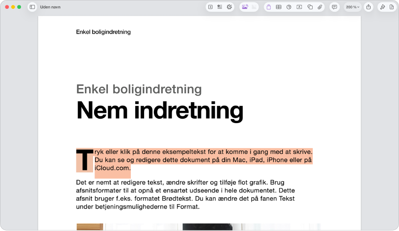 I et åbent dokument med eksempeltekst i skabelon valgt.