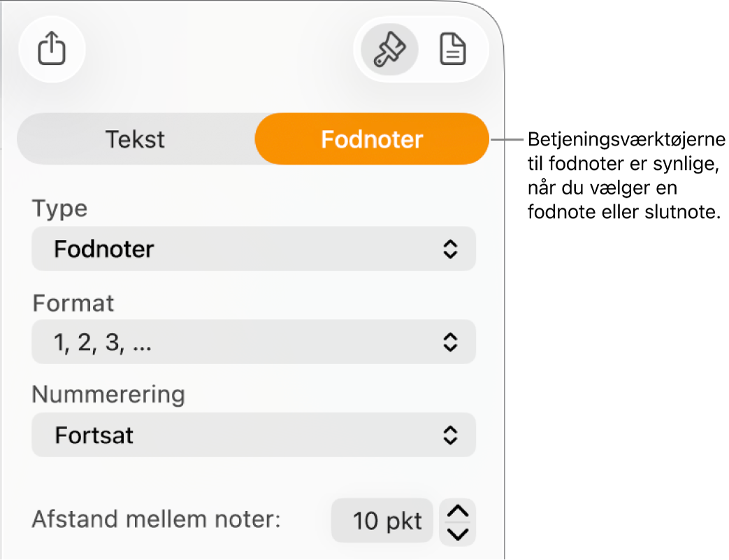 Vinduet Fodnoter med lokalmenuer til Type, Format, Nummerering og afstand mellem noter.