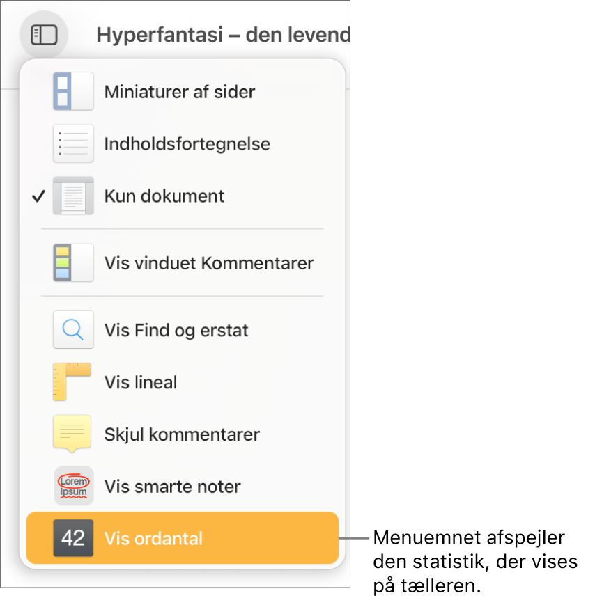 Oversigtmenuen åben med Vis antal tegn i bunden.