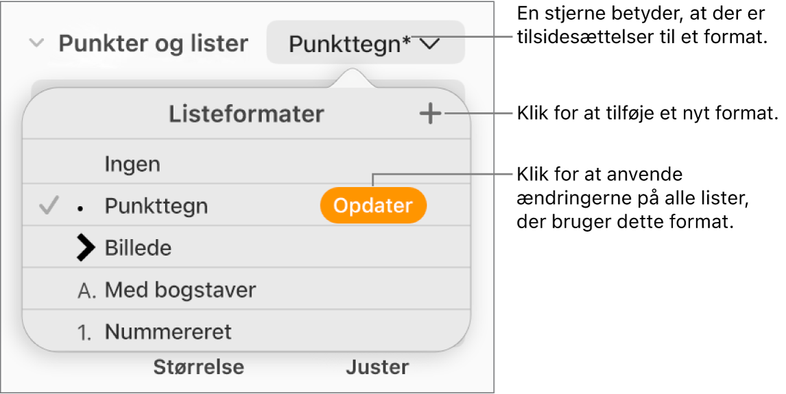 Lokalmenuen Listeformater med en stjerne, der viser en tilsidesættelse, en billedforklaring til knappen Nyt format og en undermenu med muligheder til styring af formater.