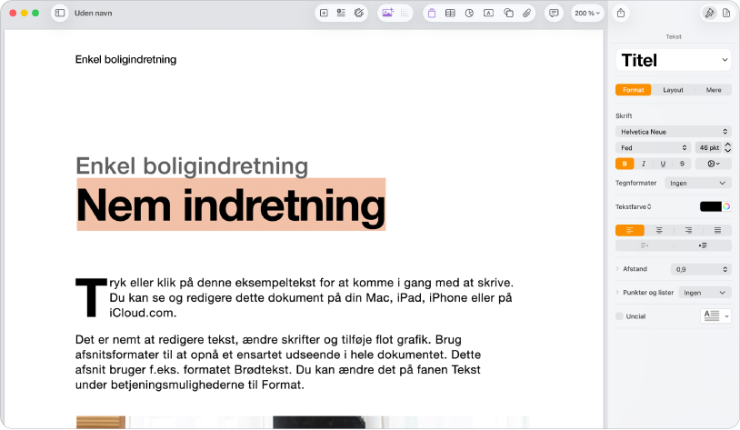 Åbent dokument med indholdsoversigten til format åben og tekstfanen valgt.
