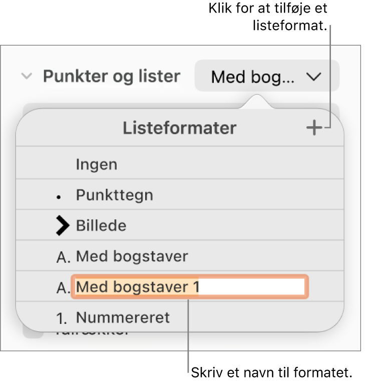 Lokalmenuen Listeformater med knappen Tilføj i øverste højre hjørne og et eksempel på et formatnavn med teksten valgt.