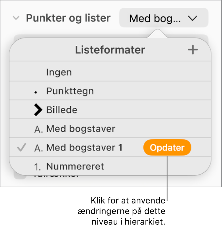 Lokalmenuen Listeformater med knappen Opdater ud for navnet på det nye format.