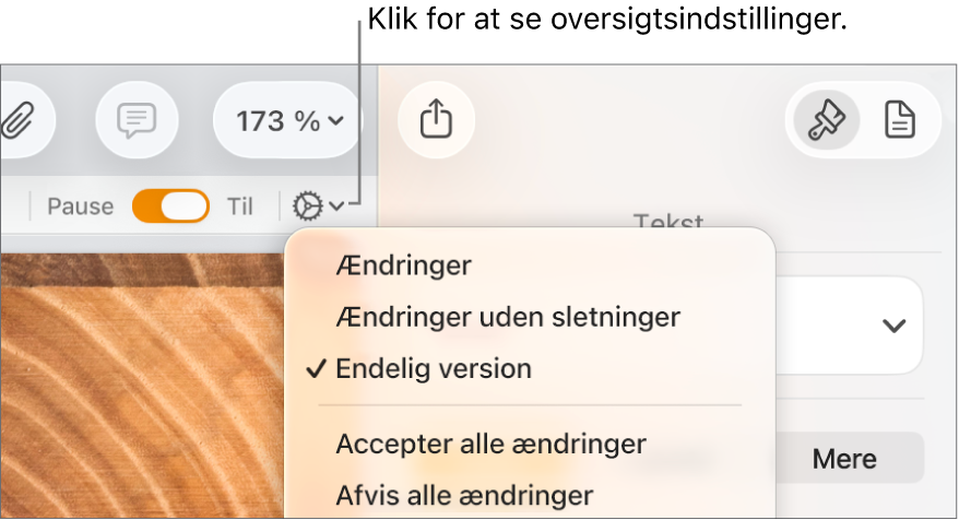 Menuen med muligheder til gennemgang viser Ændringer, Ændringer uden sletninger og Endelig version.