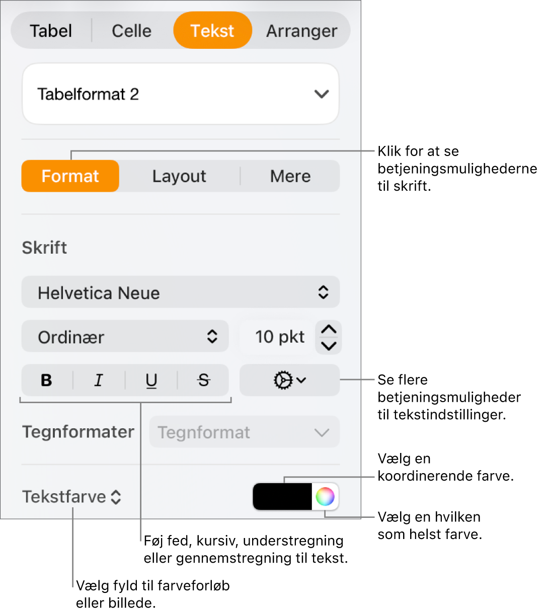 Betjeningsmulighederne til formatering af tabeltekst.