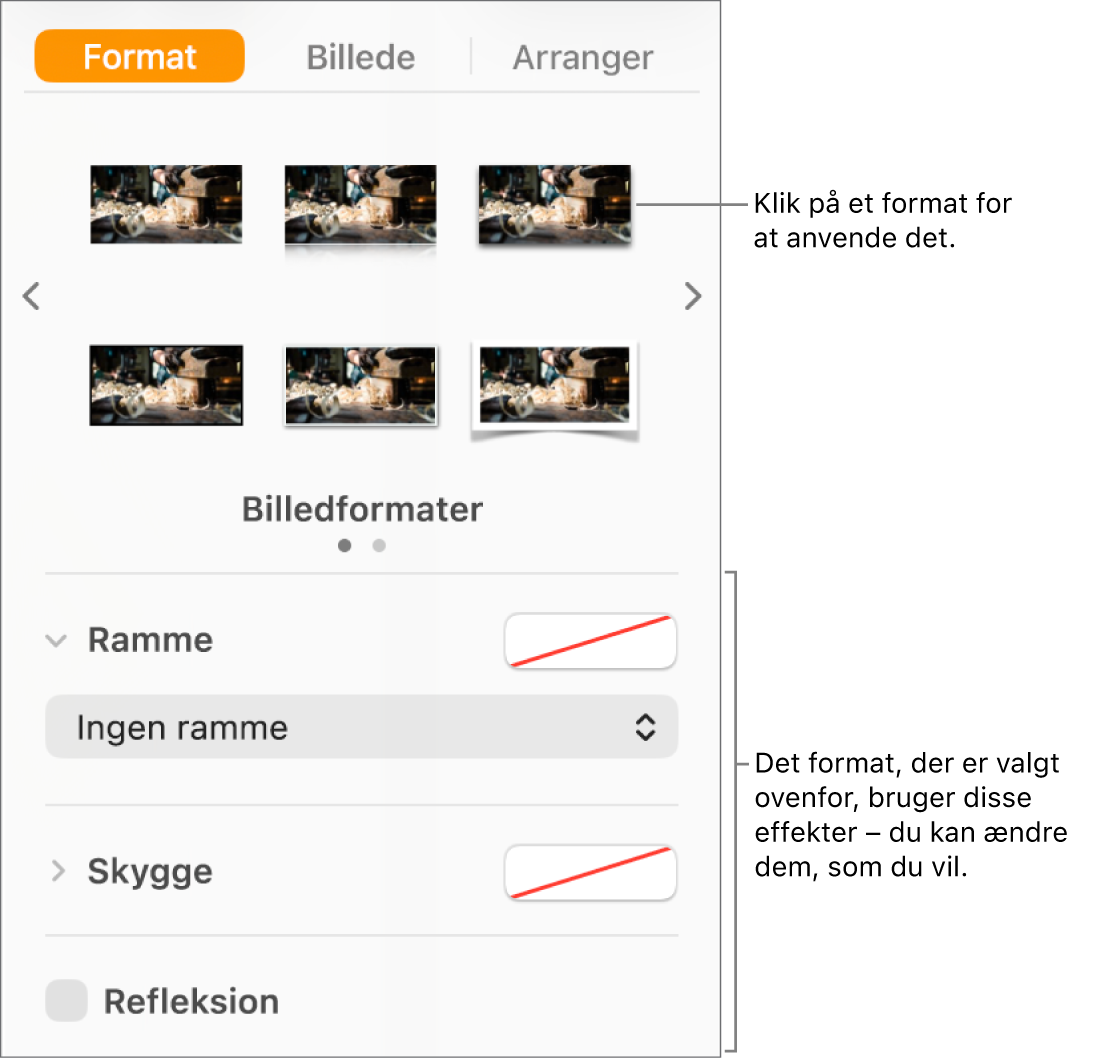 Fanen Format i indholdsoversigten Format, der viser valg til objektformater.