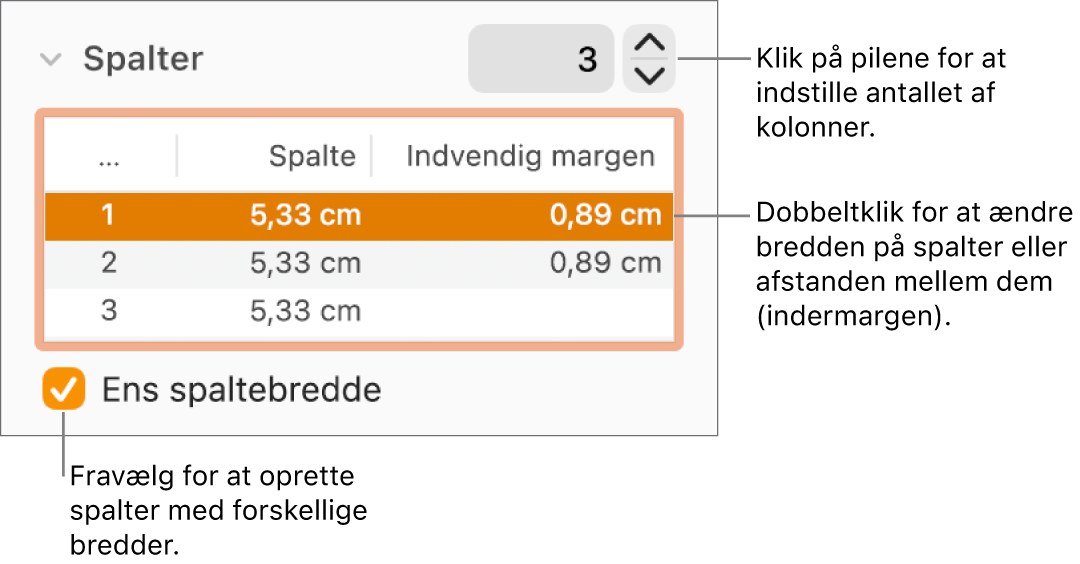 Layoutvinduet i Info om format med betjeningsmuligheder til spalter.