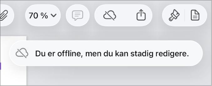 Knapperne øverst på skærmen, hvor knappen Samarbejde er ændret til en sky med en skrå streg over. En besked på skærmen med teksten “Du er offline, men du kan stadig redigere”.