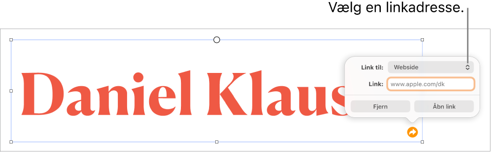 Webside er valgt i betjeningsmulighederne til linkredigering, og nederst er knapperne Fjern og Åbn link.
