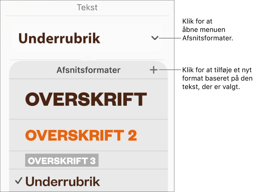 Menuen Afsnitsformater med betjeningsmuligheder til tilføjelse eller ændring af et format.