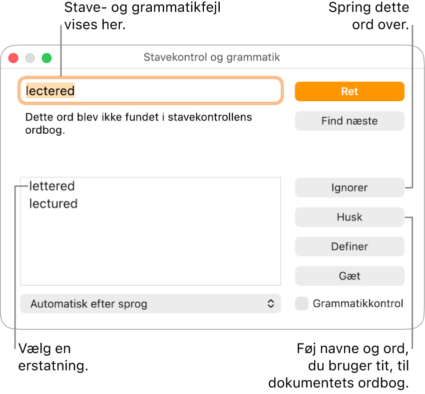 Vinduet Stavekontrol og grammatik.