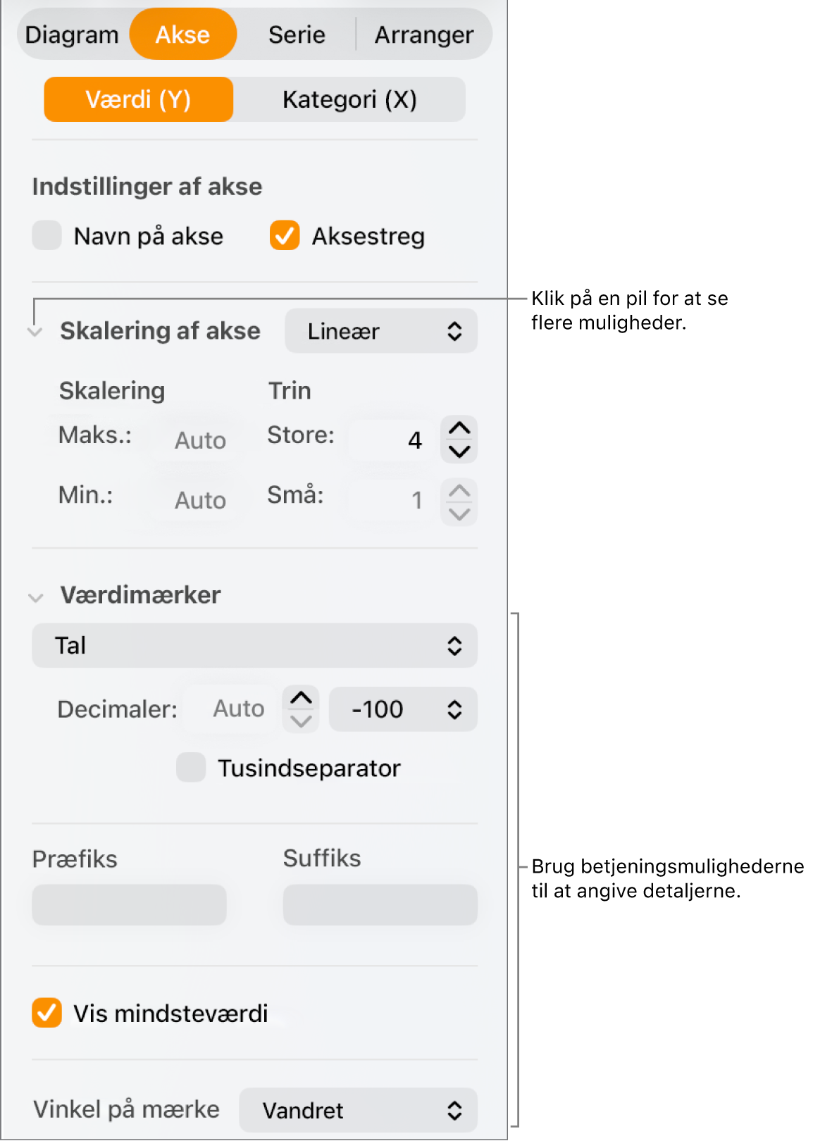 Betjeningsmuligheder til formatering af aksemærker i diagrammer.