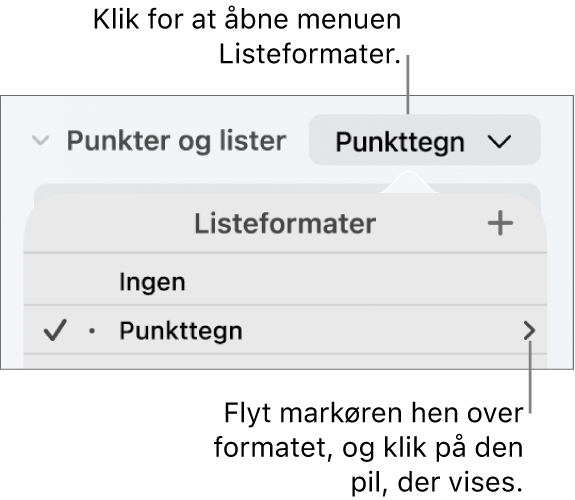 Lokalmenuen Listeformater med et format valgt og en pil yderst til højre.