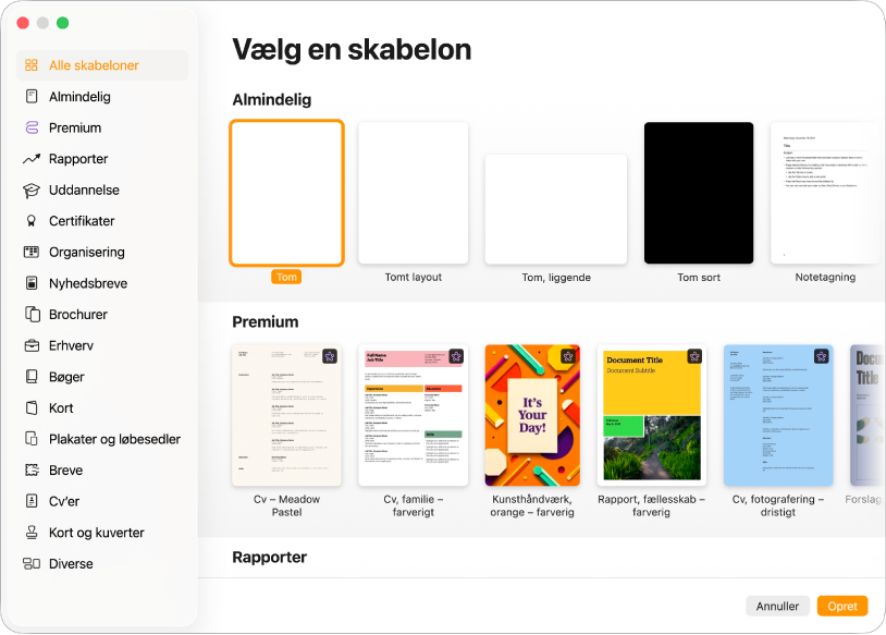 Skabelonvælgeren. I en indholdsoversigt til venstre ses skabelonkategorier, du kan klikke på for at filtrere mulighederne. Til højre er der miniaturer af færdige skabeloner, der er opstillet i rækker efter kategori. Knapperne Annuller og Opret ses i nederste højre hjørne.