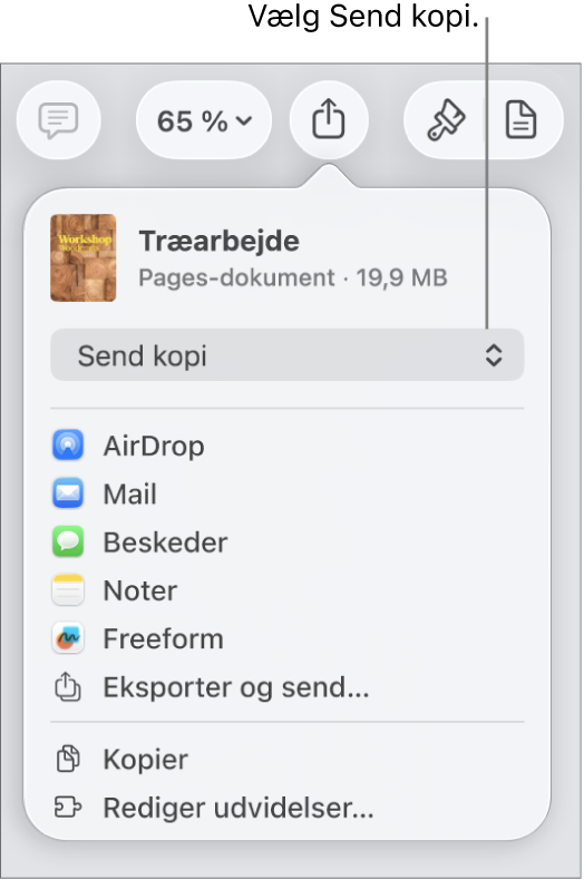 Menuen Del, hvor Send kopi er valgt øverst.