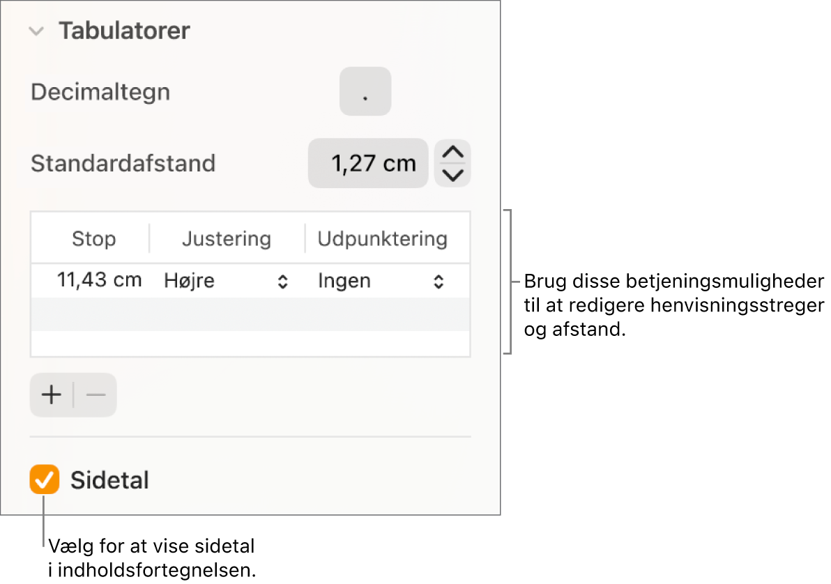 Sektionen Faner i indholdsoversigten Format. Under Standardafstand ses en tabel med kolonner til Stop, Justering og Udpunktering. Afkrydsningsfeltet Sidetal er valgt og ses under tabellen.