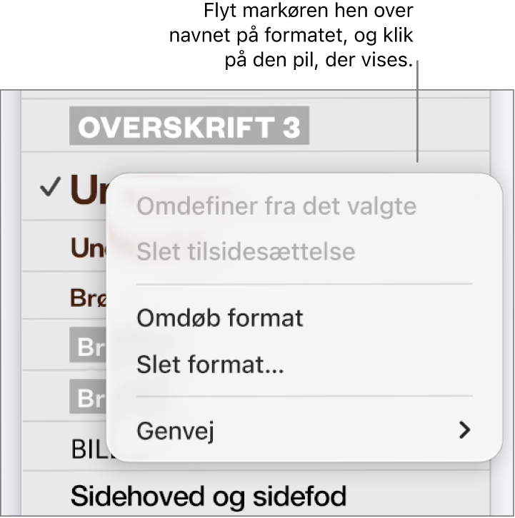 Menuen Afsnitsformater med åben genvejsmenu.