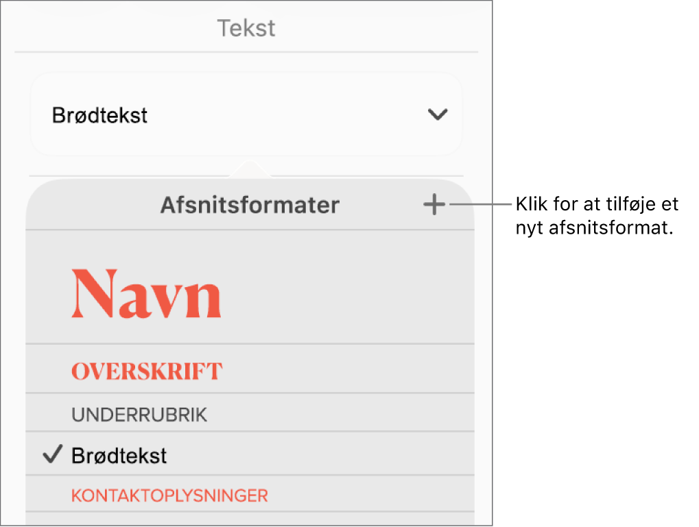 Menuen Afsnitsformater med billedforklaring til knappen Nyt format.