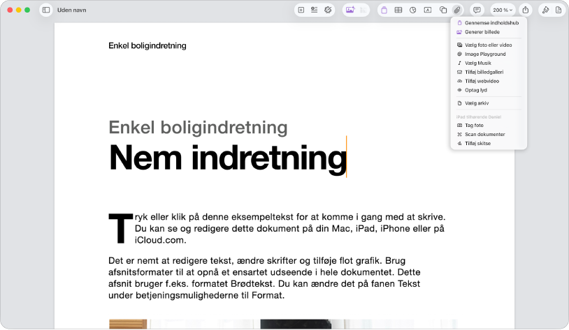 Åbent dokument med menuen Tilføj medier åben.