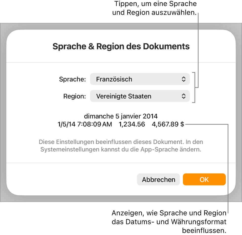 Das Fenster „Sprache & Region“ mit Einblendmenüs für Sprache und Region sowie einem Formatierungsbeispiel für Datum, Uhrzeit, Dezimalstellen und Währung.
