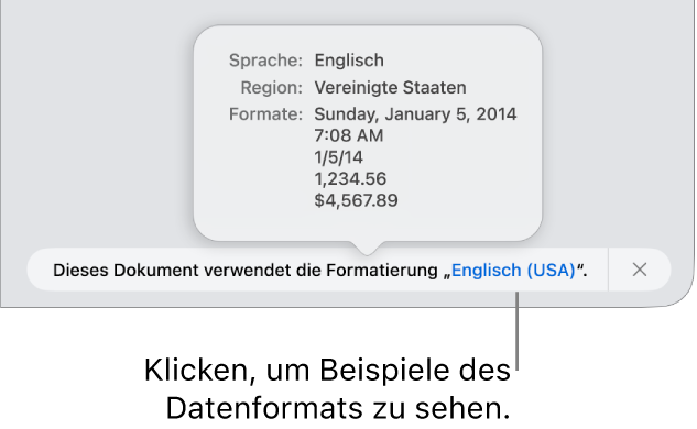 Die Mitteilung zur anderen Sprache und Region mit Beispielen der Formatierung in dieser Sprache und Region.