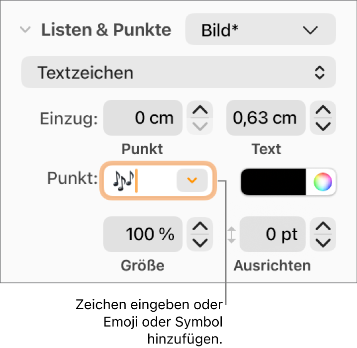 Der Abschnitt „Listen & Punkte“ in der Seitenleiste „Format“ Das Feld „Punkt“ mit einem Blumen-Emoji