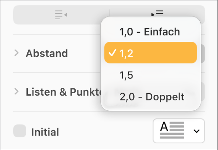 Das Einblendmenü „Abstand“ mit den Optionen „Einfach“, „Doppelt“ und weiteren Optionen
