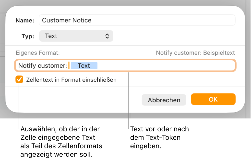Das Fenster für ein eigenes Zellenformat mit Steuerelementen zum Auswählen eigener Textformatierung