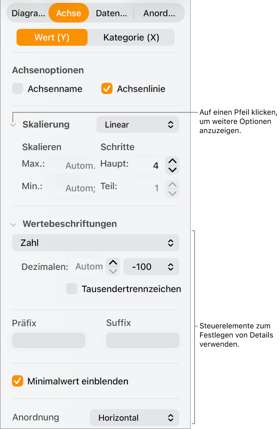 Steuerelemente zum Formatieren der Markierungen auf den Diagrammachsen