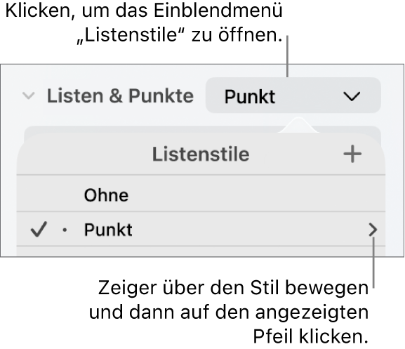 Das Einblendmenü „Listenstile“ mit einem ausgewählten Stil und einem Pfeil ganz rechts