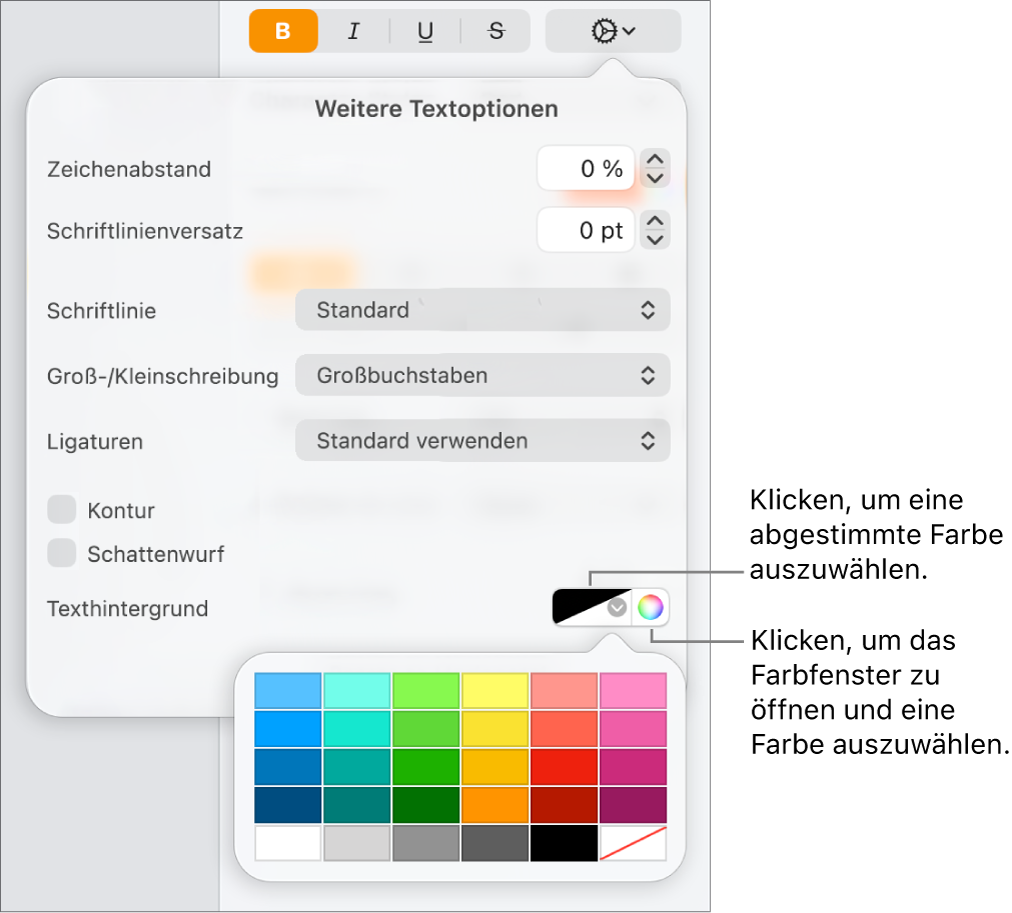 Steuerelemente zur Auswahl einer Hintergrundfarbe für Text.