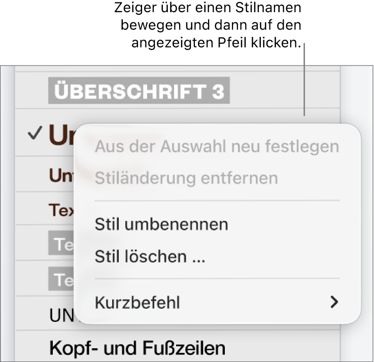 Das Menü „Absatzstile“ mit geöffnetem Kontextmenü