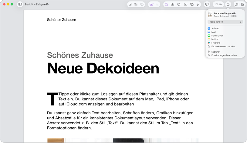 Ein geöffnetes Dokument mit dem geöffneten Menü „Teilen“.