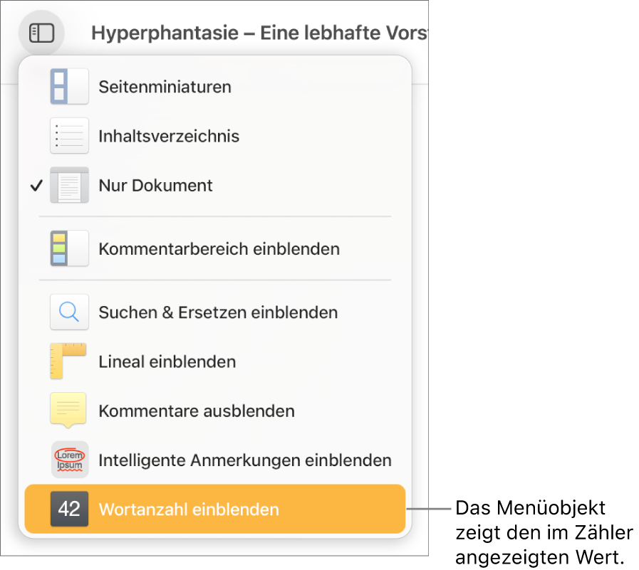 Das geöffnete Menü „Darstellung“ mit der Option „Zeichenanzahl einblenden“ unten.