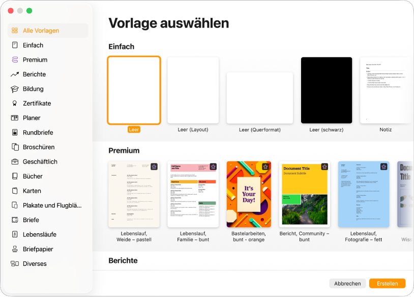 Die Vorlagenauswahl. In einer Seitenleiste links werden die Vorlagenkategorien aufgelistet, auf die du zum Filtern der Optionen klicken kannst. Rechts befinden sich die Miniaturen der vordefinierten Vorlagen in Zeilen nach Kategorie sortiert. Die Tasten „Abbrechen“ und „Erstellen“ befinden sich unten rechts in der Ecke.