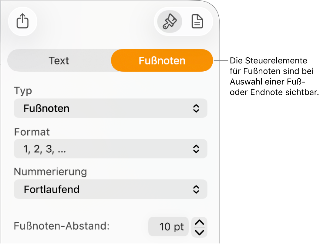 Der Tab „Fußnoten“ mit Einblendmenüs für „Typ“, „Format“, „Nummerierung“ und den Abstand zwischen den Fußnoten