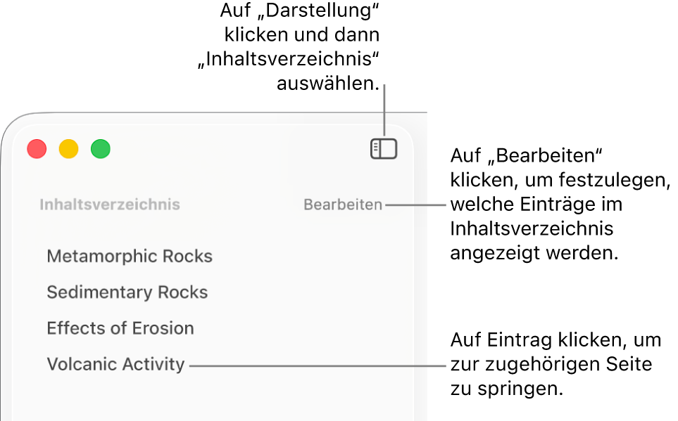 Das Inhaltsverzeichnis links im Fenster „Pages“ mit der Taste „Bearbeiten“ in der oberen rechten Ecke der Seitenleiste und dem Inhaltsverzeichnis in Listenform.