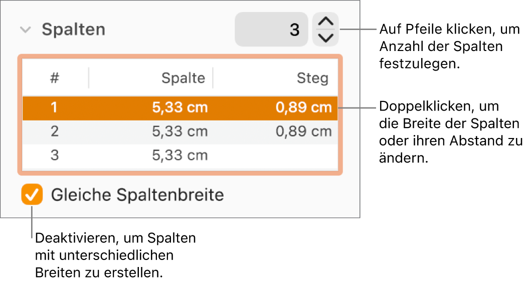 Bereich „Layout“ des Informationsfensters „Format“ mit Steuerelementen für Spalten