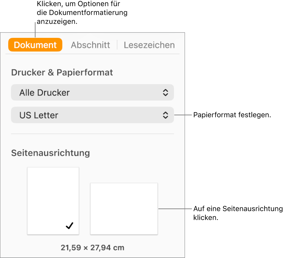 Oben in der Seitenleiste „Dokument“ ist der Tab „Dokument“ ausgewählt. In der Seitenleiste befinden sich ein Einblendmenü, das auf das Papierformat eingestellt ist, und Tasten für die Seitenausrichtung im Hochformat und Querformat.