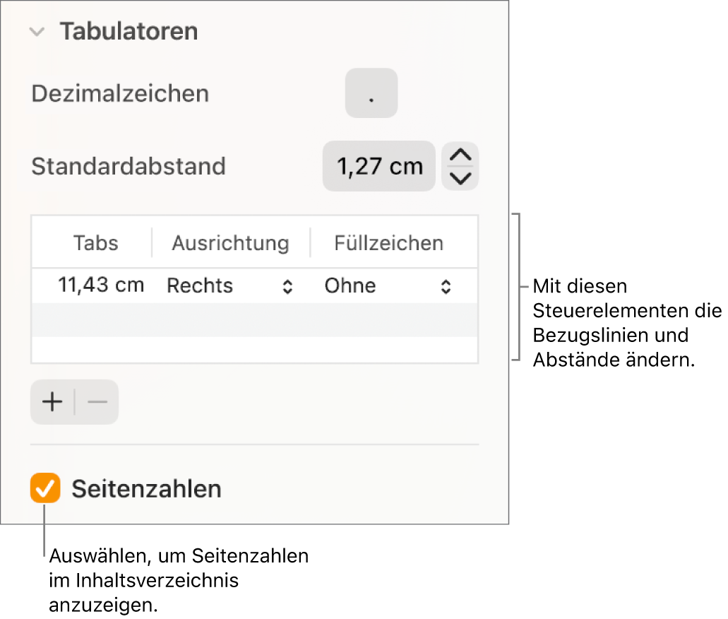 Der Abschnitt „Tabulatoren“ der Seitenleiste „Format“. Unterhalb des Bereichs „Standardabstand“ ist eine Tabelle mit den Spalten „Tabs“, „Ausrichtung“ und „Füllzeichen“ zu sehen. Unter der Tabelle wird das Feld „Seitenzahlen“ angezeigt, das hier ausgewählt ist.