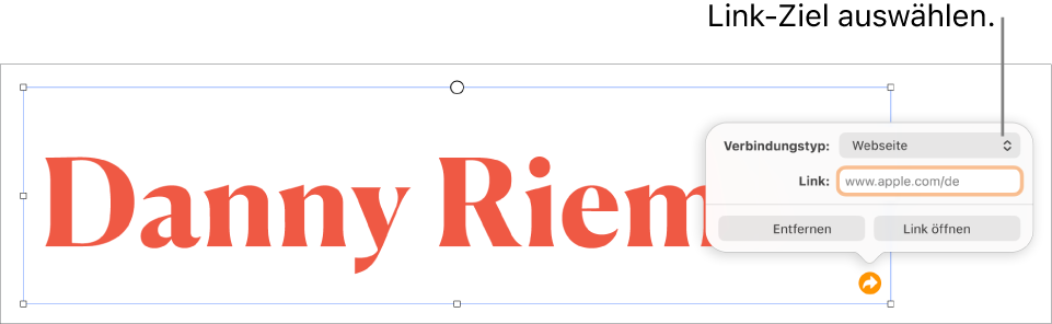 Die Steuerelemente des Linkeditors mit ausgewählter Webseite und den Tasten „Entfernen“ und „Link öffnen“ unten.