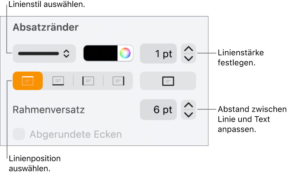 Steuerelemente, um Stil, Stärke, Position und Farbe der Linie zu ändern.