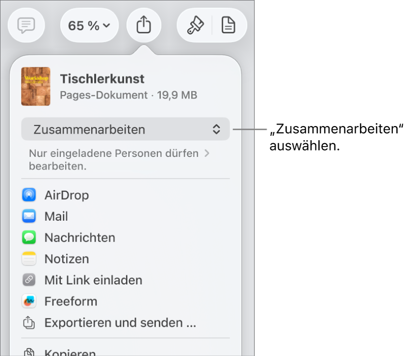 Im Menü „Teilen“ ist „Zusammenarbeiten“ oben ausgewählt und die Einstellungen für Zugriff und Berechtigungen befinden sich darunter.