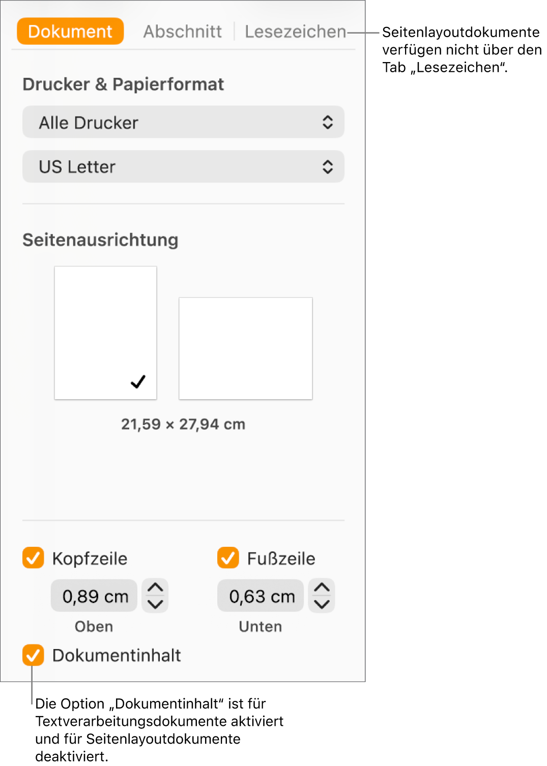 Die Seitenleiste „Format“ mit den Tabs „Dokument“, „Abschnitt“ und „Lesezeichen“ oben. Der Tab „Dokument“ ist ausgewählt und eine Beschreibung zum Tab „Lesezeichen“ sagt, dass Seitenlayoutdokumente über keinen Tab „Lesezeichen“ verfügen. Das Feld „Dokumentinhalt“ ist markiert, was auch darauf hinweist, dass es sich um ein Textverarbeitungsdokument handelt.