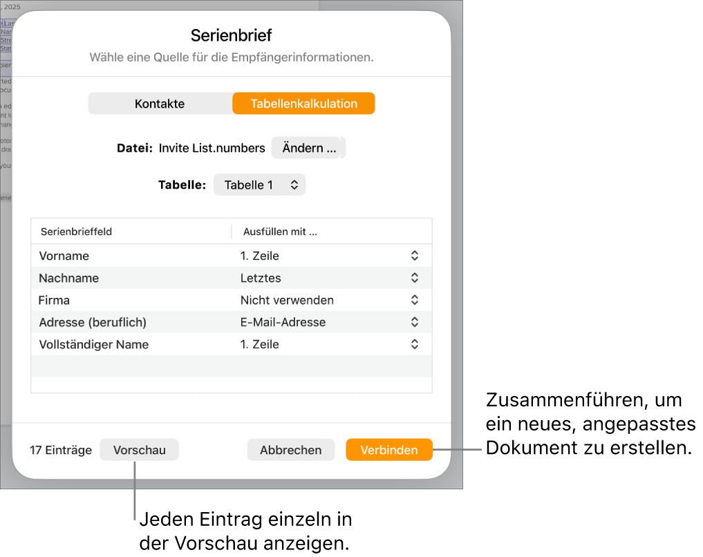Der geöffnete Bereich „Serienbrief“ mit Optionen zum Ändern der Quelldatei oder -tabelle, Anzeigen einer Vorschau der Serienbrieffeld-Namen bzw. einzelner Einträge oder Erstellen des Serienbrief-Dokuments.